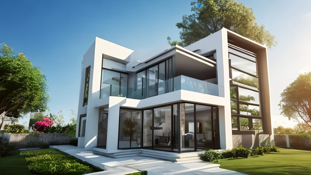 A modern home with that is made with energy efficient windows and doors.