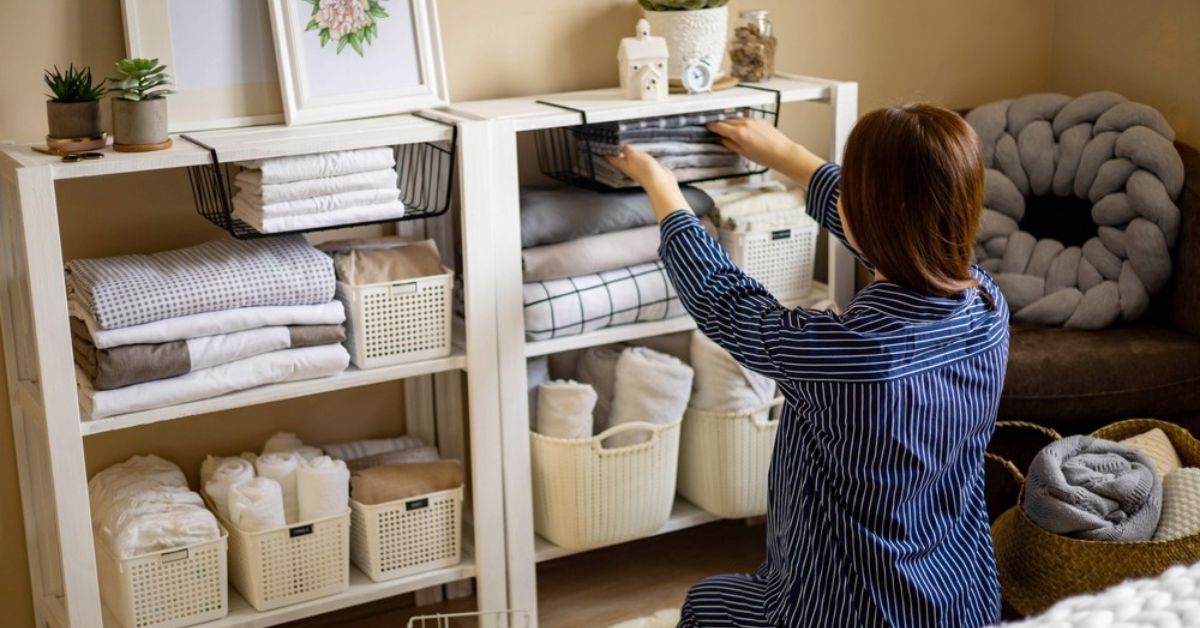 A woman installing additional baskets onto her shelves in an effort to maximize small spaces in the home for storage.
