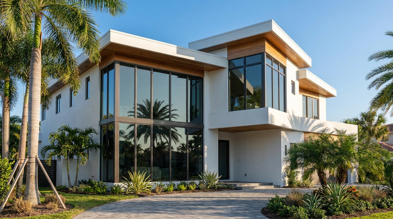 A modern residential home featuring newly installed impact windows in Florida under a clear blue sky.